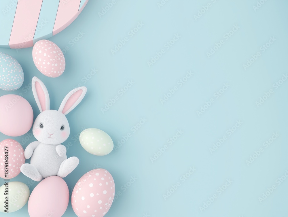 Fototapeta premium easter bunny and easter eggs simple background in kawaii 3d render style, cute, pastel colors, space for text