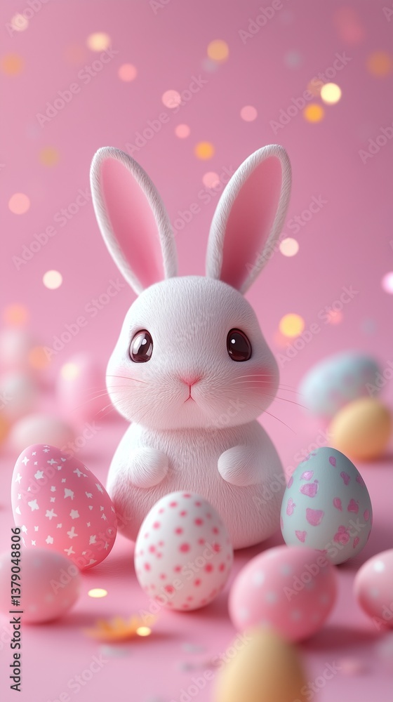 Fototapeta premium easter bunny and easter eggs simple background in kawaii 3d render style, cute, pastel colors, space for text