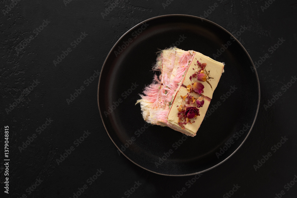 Trendy delicate white, pink chocolate with layer of white and pink pismaniye in plate on black background. Tasty dessert. View from above. Copy space.