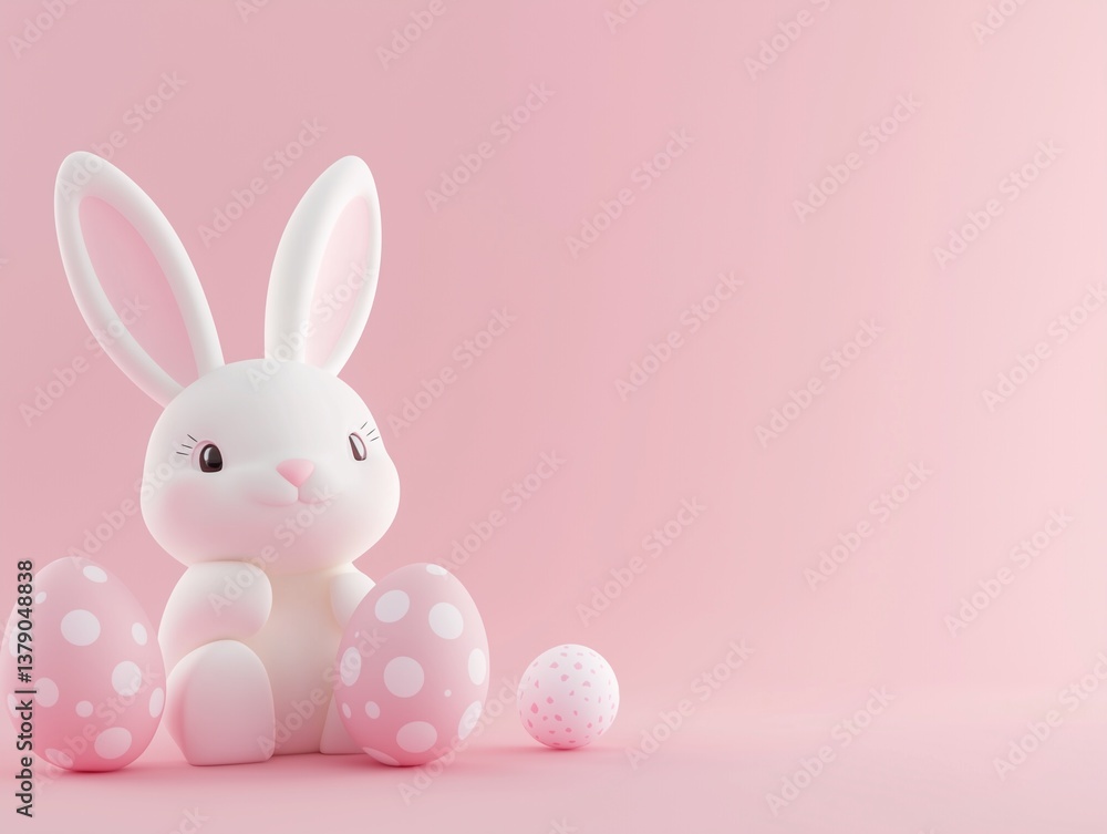 Fototapeta premium easter bunny and easter eggs simple background in kawaii 3d render style, cute, pastel colors, space for text