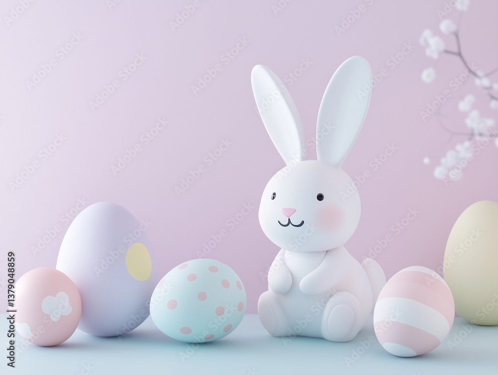 easter bunny and easter eggs simple background in kawaii 3d render style, cute, pastel colors, space for text easter bunny and easter eggs simple background in kawaii 3d render style, cute, pastel colors, space for text
