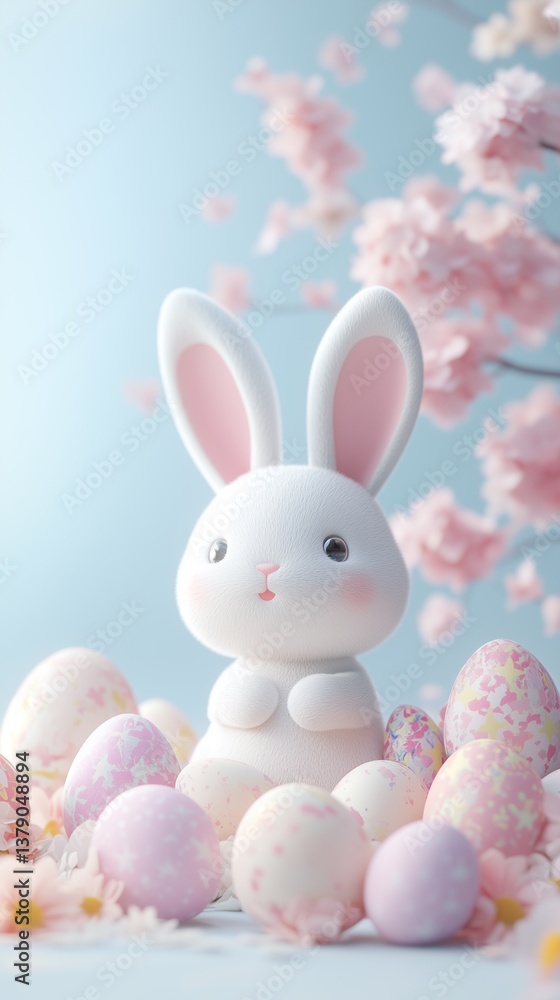 easter bunny and easter eggs simple background in kawaii 3d render style, cute, pastel colors, space for text easter bunny and easter eggs simple background in kawaii 3d render style, cute, pastel colors, space for text