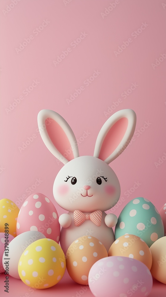 Obraz premium easter bunny and easter eggs simple background in kawaii 3d render style, cute, pastel colors, space for text
