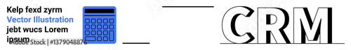 Blue calculator with text linking to bold CRM letters, representing data organization, management, and automation. Ideal for finance, analytics, CRM tools, education, business marketing simple