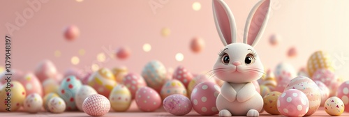 easter bunny and easter eggs simple background in kawaii 3d render style, cute, pastel colors, space for text