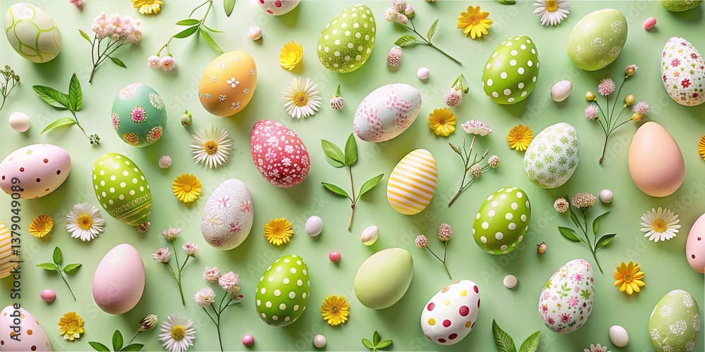 Brightly painted Easter eggs in various colors and patterns are artfully spread across a light green surface, surrounded by fresh flowers and foliage, capturing the festive spirit Brightly painted Easter eggs in various colors and patterns are artfully spread across a light green surface, surrounded by fresh flowers and foliage, capturing the festive spirit