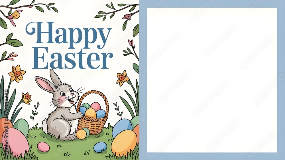 Fototapeta premium Cute Happy Easter Greeting Card with Bunny and Eggs