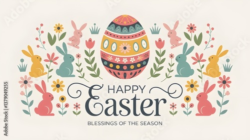 Cute Happy Easter Greeting Card with Bunny and Eggs