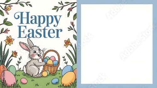 Cute Happy Easter Greeting Card with Bunny and Eggs