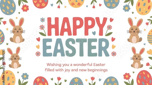 Cute Happy Easter Greeting Card with Bunny and Eggs