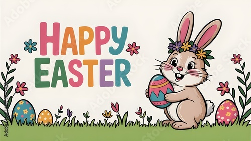 Cute Happy Easter Greeting Card with Bunny and Eggs