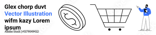 Coin with dollar sign, shopping cart, and person pointing while holding a laptop. Ideal for e-commerce, payment systems, shopping, financial planning, retail business, tutorials simple landing page