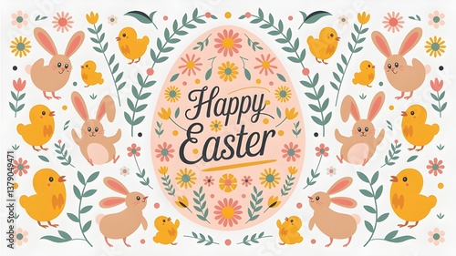 Cute Happy Easter Greeting Card with Bunny and Eggs
