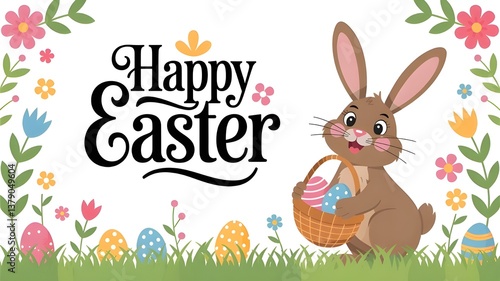 Cute Happy Easter Greeting Card with Bunny and Eggs