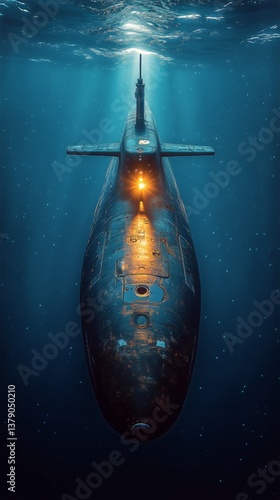 Underwater Submarine Exploring the Deep Ocean Depths at Night