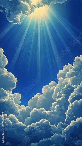 Bright Sunlight Shining Through Fluffy Clouds in a Clear Blue Sky During Midday