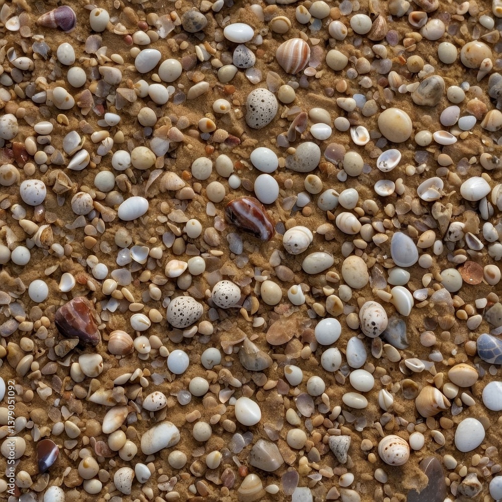 Highly detailed texture of natural sand mixed with small pebbles and shells. The material should have uneven details, with earthy tones of beige, gray, and subtle pastel colors for added realism Highly detailed texture of natural sand mixed with small pebbles and shells. The material should have uneven details, with earthy tones of beige, gray, and subtle pastel colors for added realism