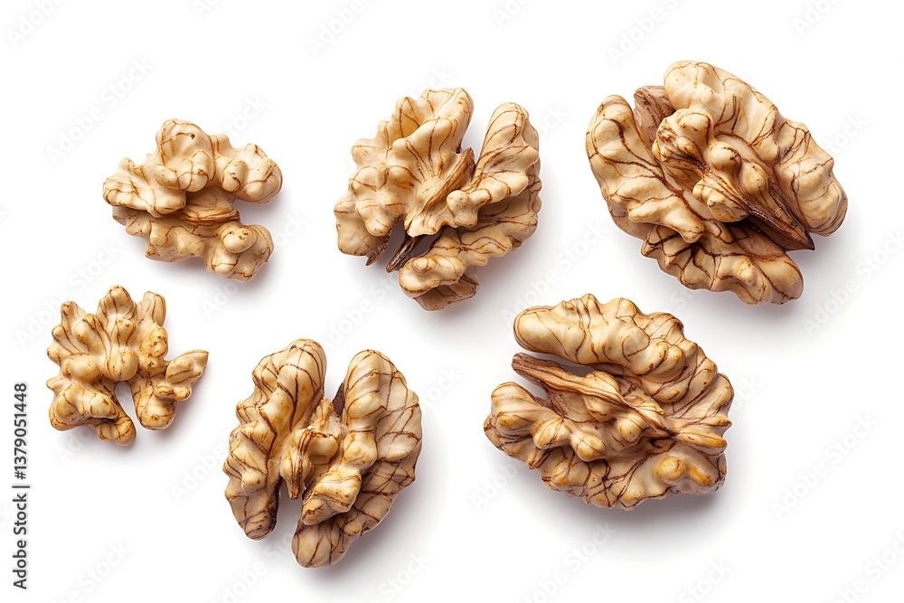 A collection of walnut kernels in different sizes, showcasing organic forms and deep natural textures, hyper-realistic, isolated on solid white background. A collection of walnut kernels in different sizes, showcasing organic forms and deep natural textures, hyper-realistic, isolated on solid white background.