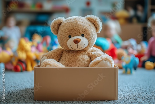 Soft Teddy Bear Sitting in a Cardboard Box Surrounded by Colorful Toys in a P...