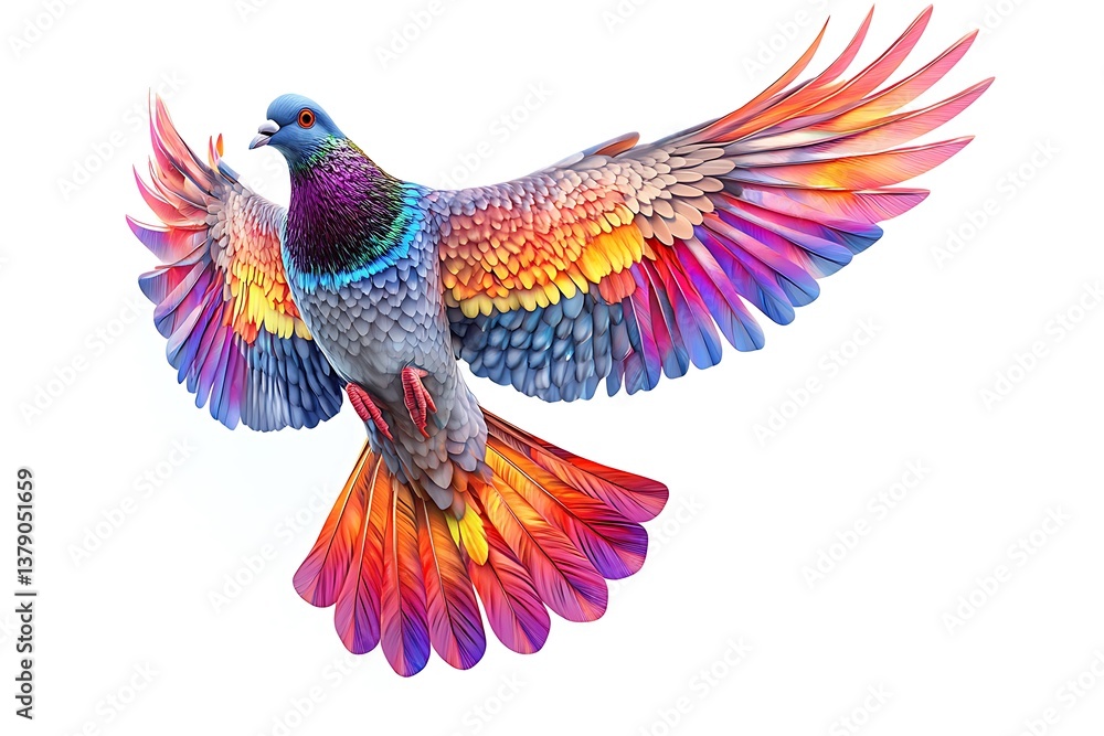 Fototapeta premium A colorful pigeon mid-flight with radiant multicolor feathers, intricate wing details, and smooth shadows, ultra-HD, isolated on solid white background.
