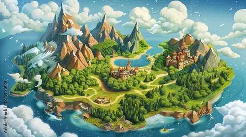 Enchanted Isles Fantasy Map - A vibrant fantasy island map illustrating castles, mountains, forests, and a lake. Symbolizing adventure, magic, exploration, , and nature