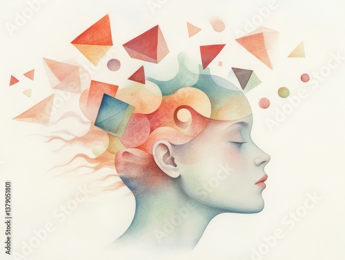 Surreal pastel portrait of woman with floating shapes
