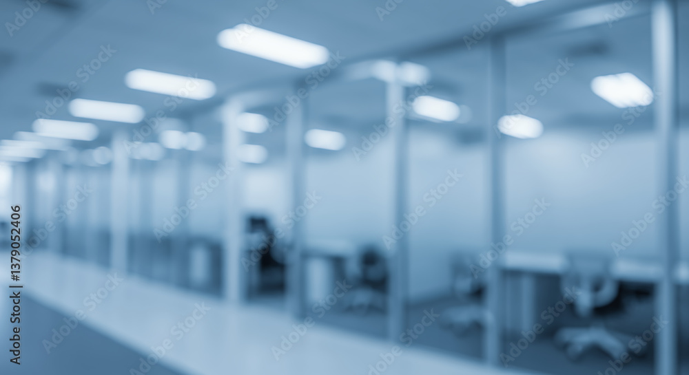 Fototapeta premium Modern Office Interior: Blurred Glass Cubicles & Workspace. Business Ambiance, Corporate Setting, Clean Architecture.