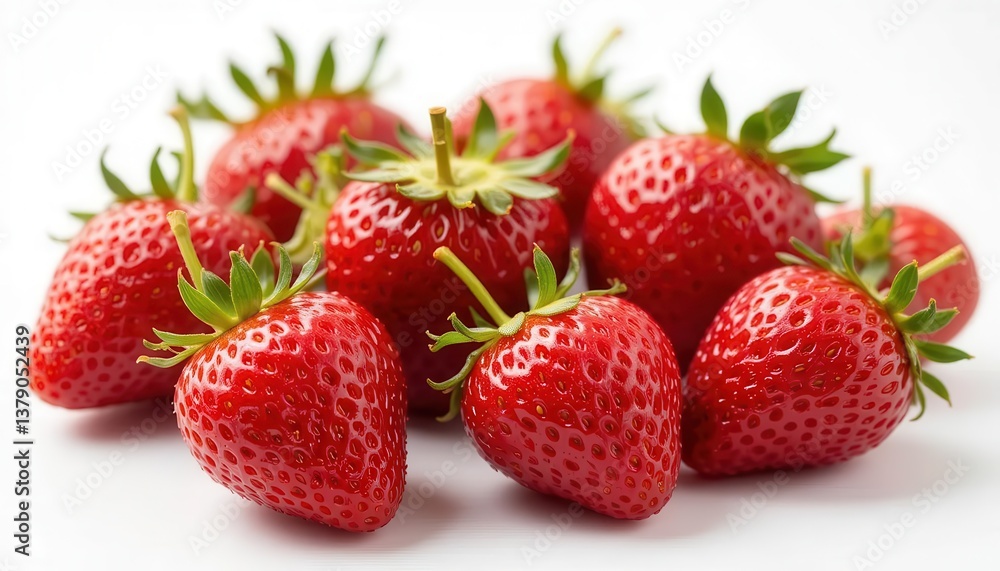 Close up view of several ripe red strawberries on a white background. The strawberries are arranged in a pile, showing their glossy texture and green Close up view of several ripe red strawberries on a white background. The strawberries are arranged in a pile, showing their glossy texture and green