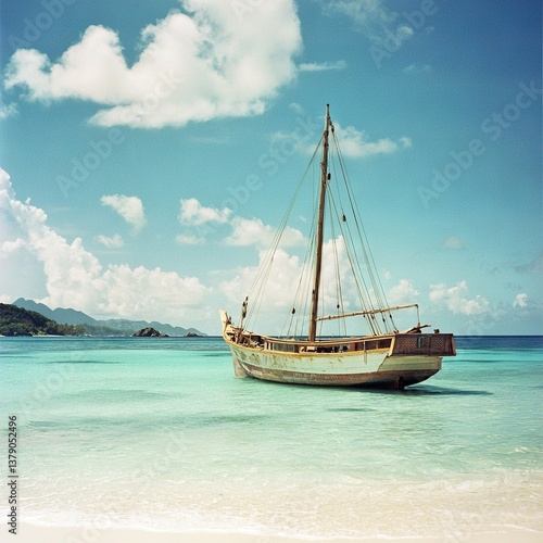   A boat drifts on a body of water near a shoreline of golden sand and a cloud-dotted sky above