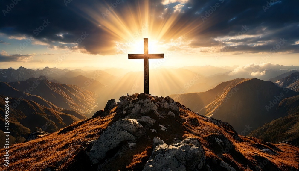 crucifix on top of a mountain with sun rays behind