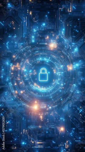 Digital Security Lock Symbol Glowing in a Futuristic Technology Landscape Wit...