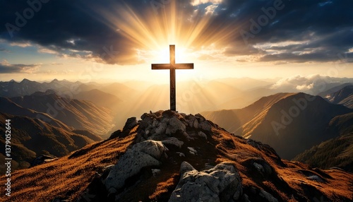 Obraz na płótnie crucifix on top of a mountain with sun rays behind w salonie
