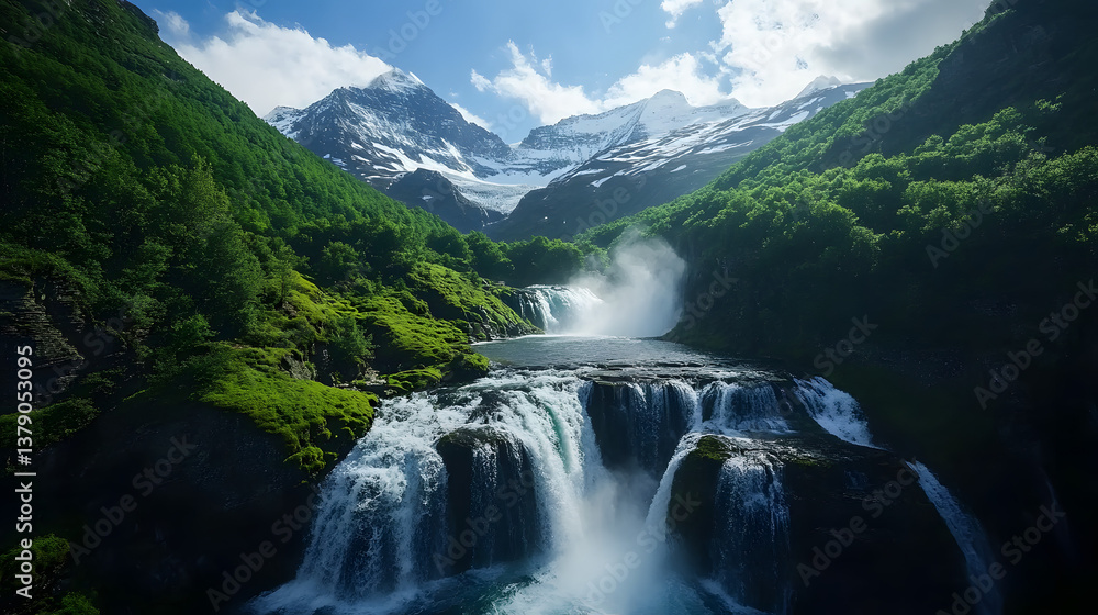 Fototapeta premium A majestic summer waterfall in a high-altitude mountain region, with snow-capped peaks in the distance and a clear blue sky above.