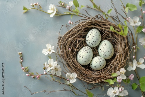 Beautifully Crafted Nest With Speckled Eggs and Blooming Flowers in a Natural...