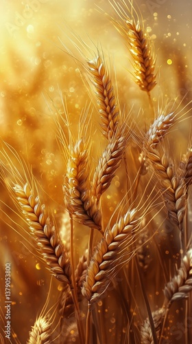 Golden Wheat Stalks Illuminated by Sunset Glow in a Serene Agricultural Field