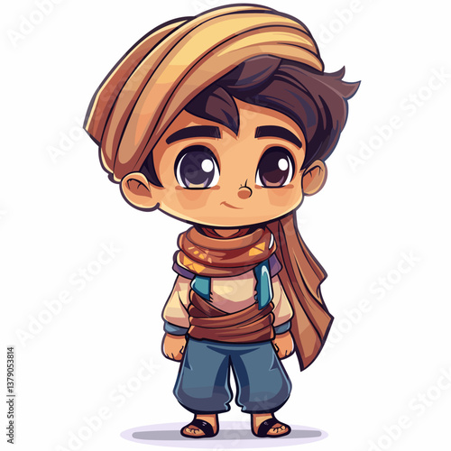 Illustration of a cute Indian boy in a turban on a white background