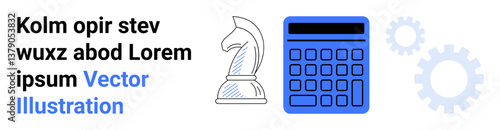 Chess knight, blue calculator, and faint gear icons emphasize decision-making, strategy, innovation, financial planning, productivity, technology and teamwork. Ideal for presentations business