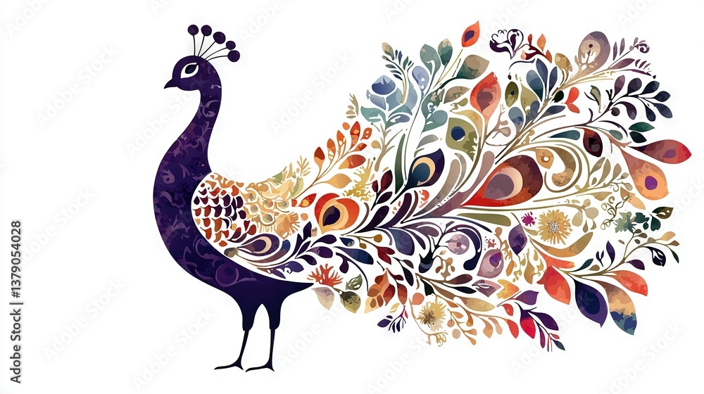 Fototapeta premium Peacock feather pattern features purple, green, orange, and red colors