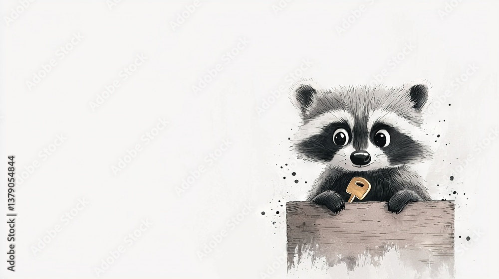 Obraz premium A painting of a raccoon holding a piece of bread in its mouth on top of wooden plank