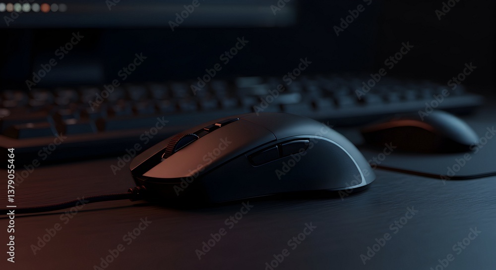 Computer Mouse on Desk with Keyboard in Soft Dark Lighting Computer Mouse on Desk with Keyboard in Soft Dark Lighting