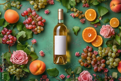 Colorful Arrangement of Wine Bottle and Fresh Fruits on a Green Background