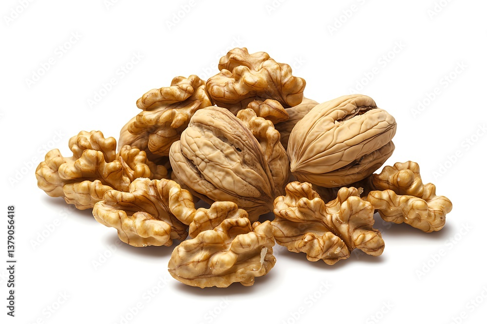 A handful of whole walnut kernels loosely arranged, high-detail textures, smooth and rough surfaces, ultra-HD, isolated on solid white background. A handful of whole walnut kernels loosely arranged, high-detail textures, smooth and rough surfaces, ultra-HD, isolated on solid white background.