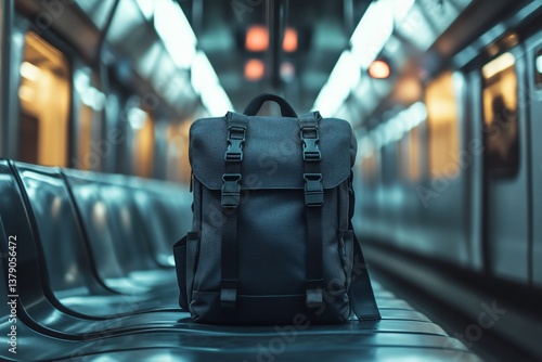 Backpack Placed on the Seat of an Empty Subway Train During the Day