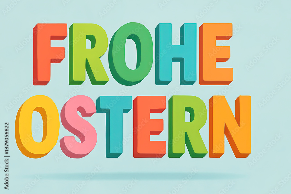 Colorful German Happy Easter text. “Frohe Ostern” lettering on a pastel background, perfect for Easter celebrations.