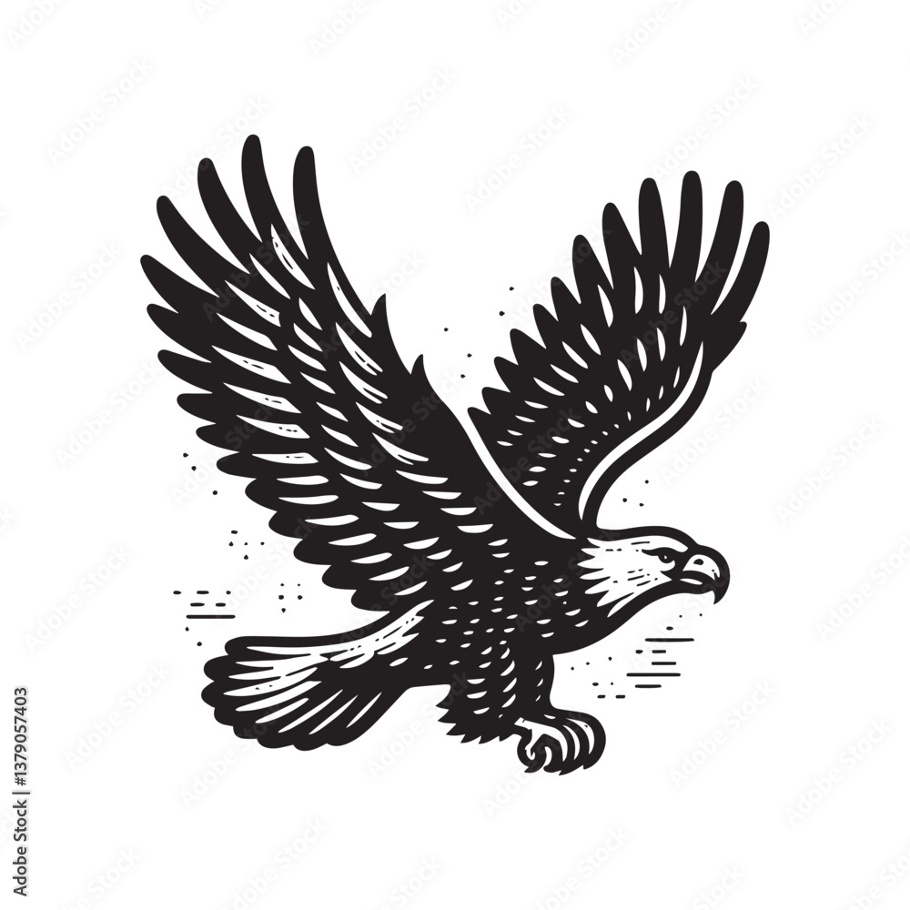 Obraz premium Simple Bald Eagle Flying Vector Icon – Vintage Logo & Rustic Illustration