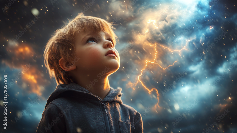 Young boy looks up at stormy sky with lightning. Concept of wonder and nature.