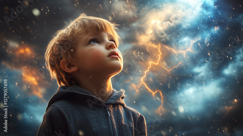 Obraz na płótnie Young boy looks up at stormy sky with lightning. Concept of wonder and nature. w salonie