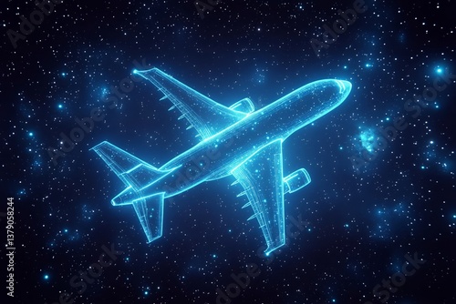 Futuristic Airplane Graphic in Neon Colors Against Cosmic Background With Glo...