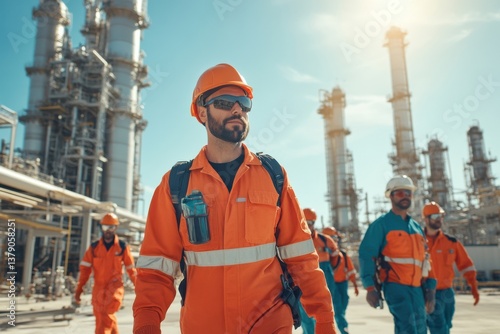 Workers in safety gear walk through an industrial facility during the day in a well-lit environment