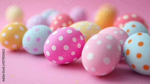   A collection of vibrantly hued eggs resting on a pink background with confetti strewn on top